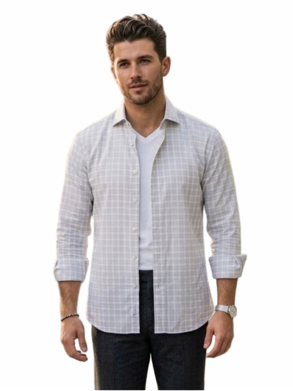 Men's Calvin Klein Dress Shirt XL. Neck 17 White Grey Plaid Slim Fit. 1958